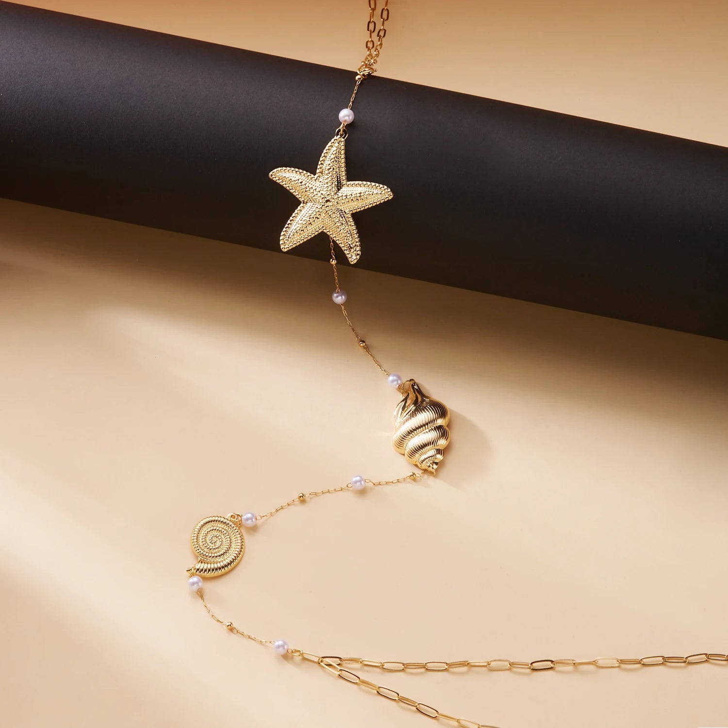 Gold Color Starfish Shell Pearl Back Chain Body Chain For Women Summer Beach Boho Backdrop Jewelry For Open Back Dresses