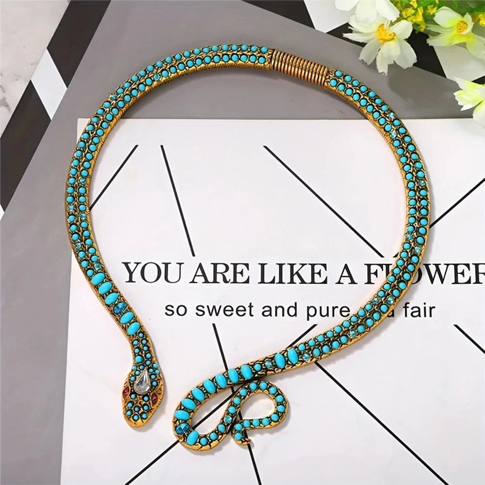 Dvacaman Blue Turquoise Snake Choker Necklace for Women Girls，Statement Animal Snake Necklace Halloween Costume Jewelry - Charlie Dolly