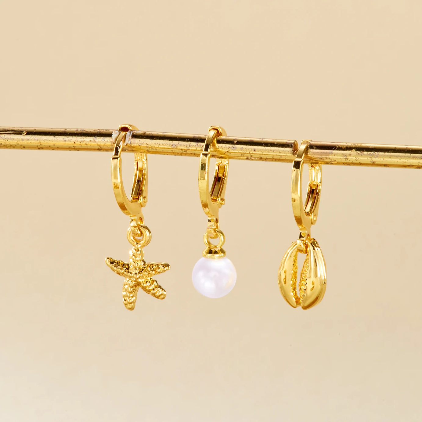Starfish Shell Pearl Hoop Earrings Set Jewelry