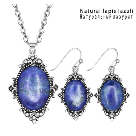 Vintage Look Natural Stone Lapis Lazuli Jewelry Sets Solid Silver Plated Necklace Earrings Flower Fashion Jewelry - Charlie Dolly