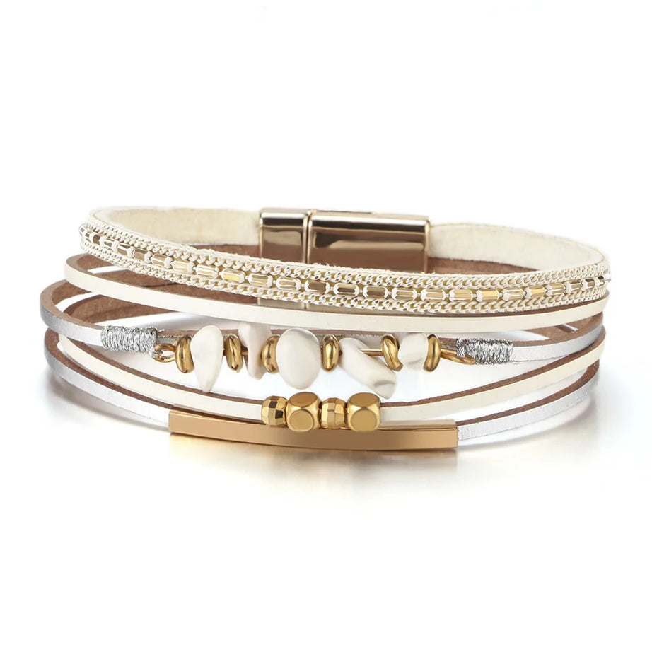 Layered Leather Stone Cuff Bracelet