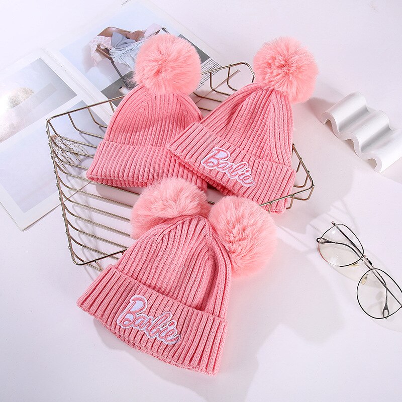 Barbie Parent-Child Baby Knitted Hat Soft Elastic Winter Protection Children Woolen Hats Cute Fur Ball Cotton Hat Pullover Gifts - Charlie Dolly