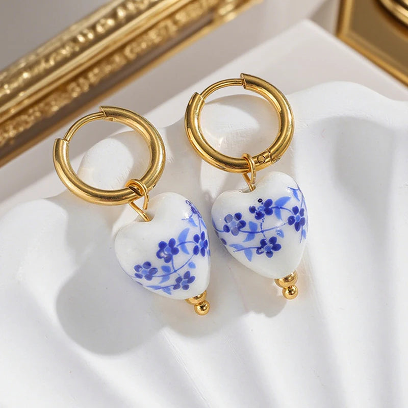 Boho Ceramic Earrings With Handmade Designs Stainless Steel Colorful Fish/Flower Motifs Ear Hoops Trendy Women's Accessories
