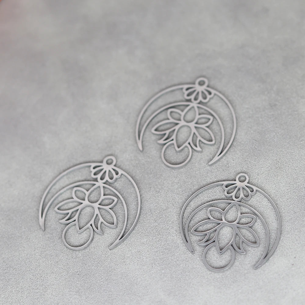 3PCS Art Line Lotus Flower Moon DIY Craft Tassels Earrings Necklace Stainless Steel Pendant Charms for Jewelry Making Accessory