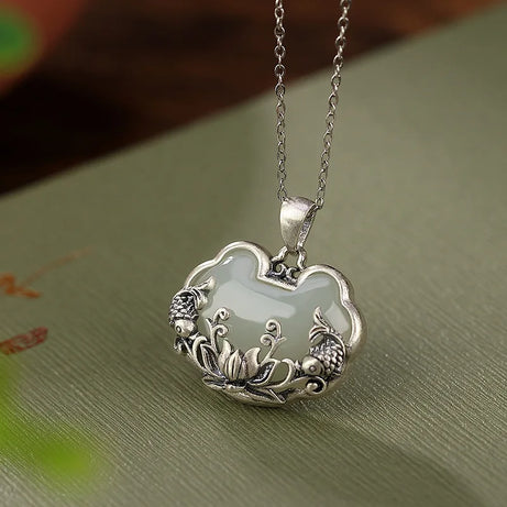 925 Silver Hotan Jade Lotus & Fish Ruyi Pendant, Boho Blessing Necklace