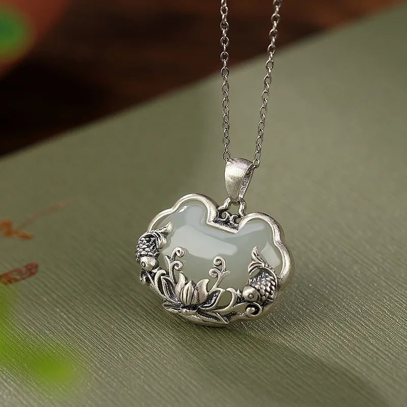 Retro 925 silver Natural Hotan Jade fish-shaped Lotus flower necklace Chinese style Ruyi Pendant clavicle chain jewelry