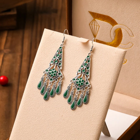 Green Enamel Feather Crystal Drop Earrings Jewelry