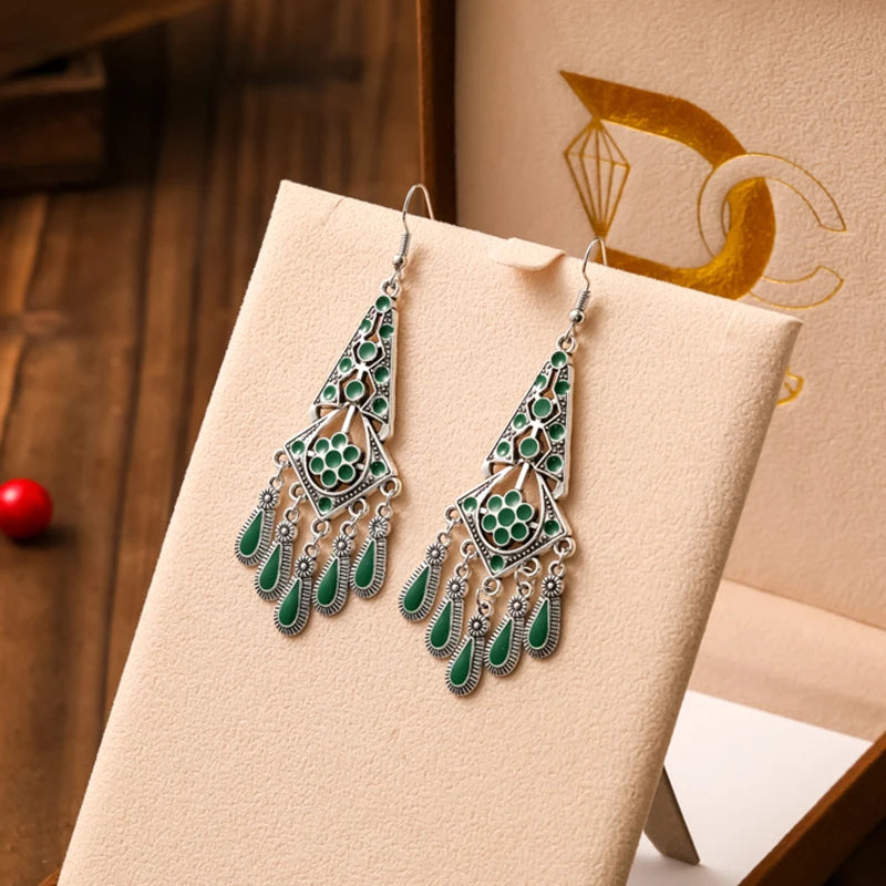 Fashion Boho Green Enamel Feather Earrings for Women Elegant Crystal Bead Stone Water Drop Earring Vacation Party Daily Jewelry