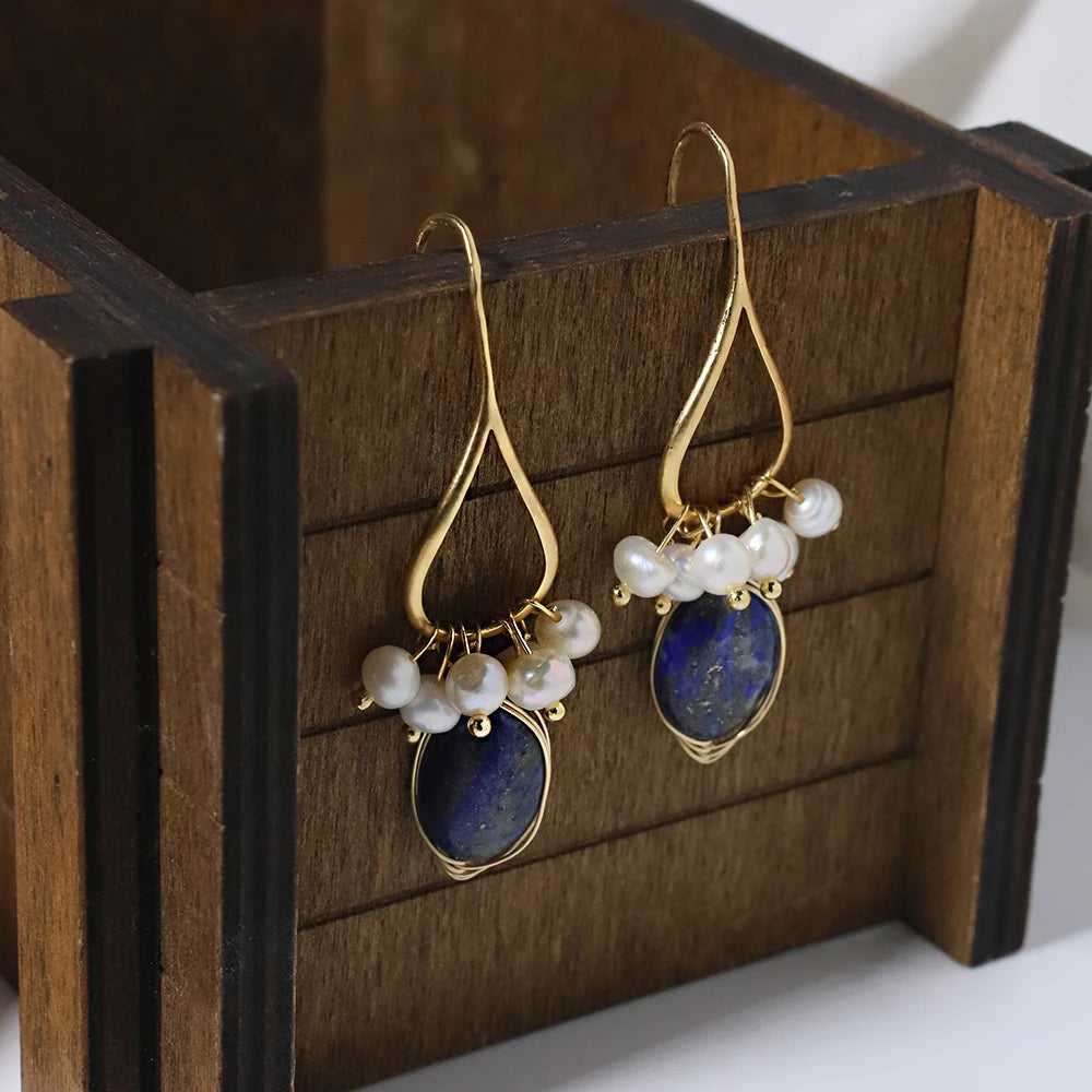 GLSEEVO Natural lapis lazuli Pearl Temperament Drop Earrings Women Girls Party Gift Original Design Luxury Jewellery Gift GE0988