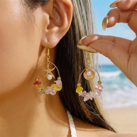 Y2K Starfish, Shell and Irregular Stone Hoop Earrings