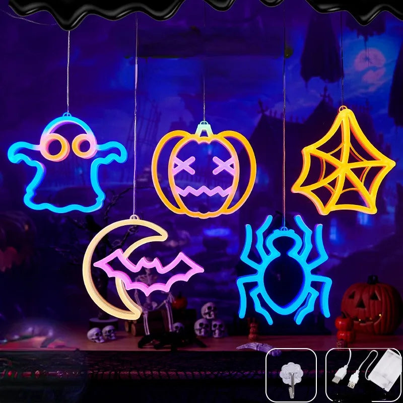 Halloween Window Lights Home Indoor LED Pumpkin Spider Ghost LED Decor Lamp 2024 Halloween Party Hanging Decoration Kids Favors - Charlie Dolly