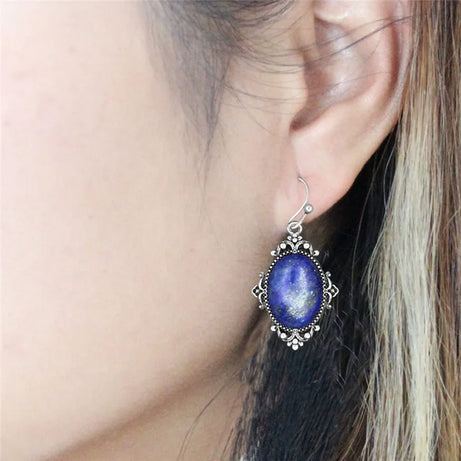 Vintage Look Natural Stone Lapis Lazuli Jewelry Sets Solid Silver Plated Necklace Earrings Flower Fashion Jewelry - Charlie Dolly