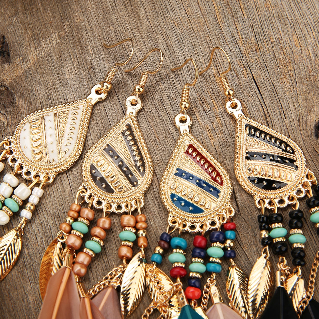 A Pair Boho Feather Dangle Women Earrings Beach Long Tassel Beads Handmade Flower Enamel Earrings Bride Wedding Party Gift - Charlie Dolly