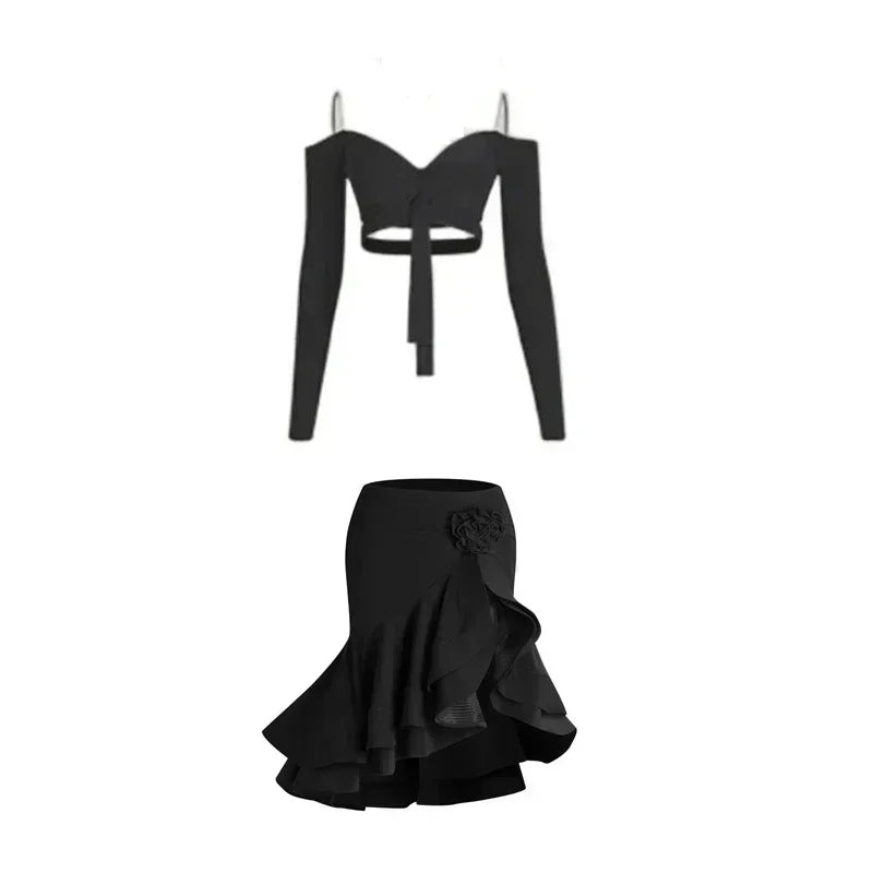 Sexy Off Shoulder Latin Top Ruffled Skirts Latin Dance Costume Stage Performance Clothes Samba Tango Dance Wear Set for Women 2pcs / S
