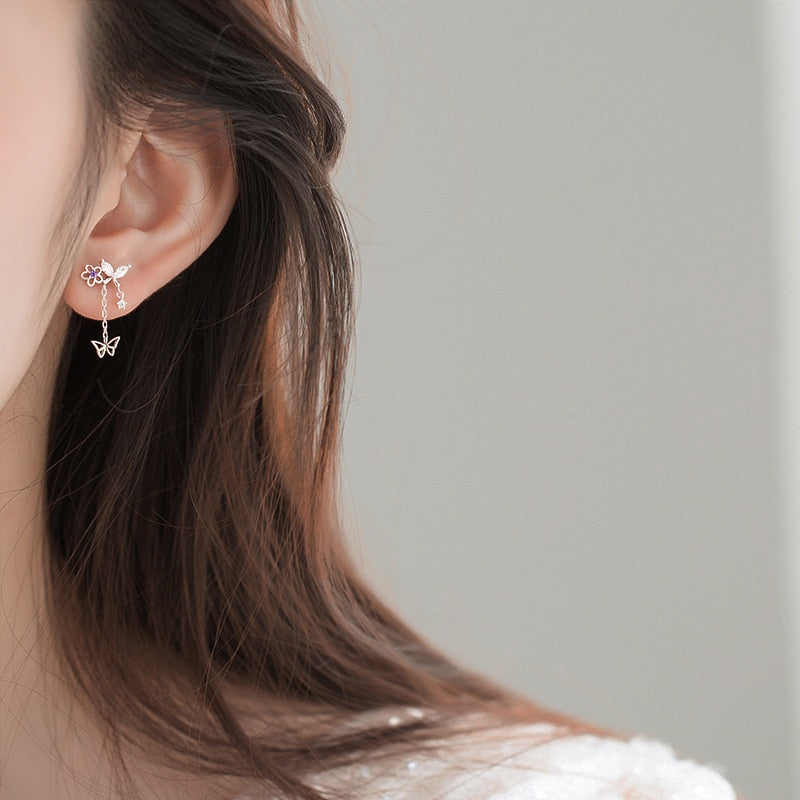 Delicate Cute Zircon Moon Tassel Butterfly Stud Earrings For Women Korean New Fashion Asymmetric Earrings Girls Party Jewelry - Charlie Dolly