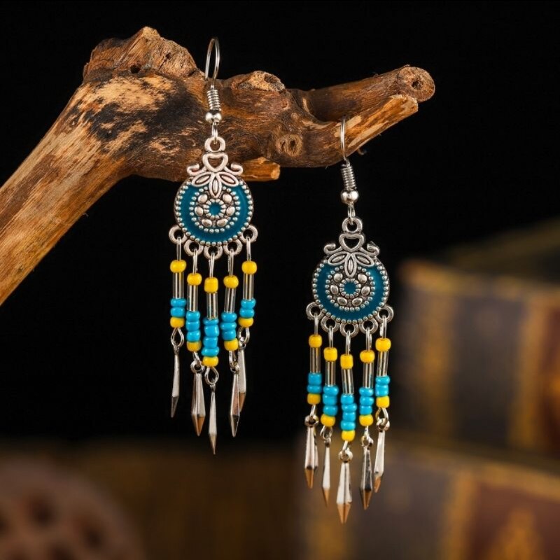 Vintage Bohemian Ethnic Style Earrings Long Rice Bead Tassel Earrings FOR WOMEN Alloy Dripping Oil Long Tassel Earrings - Charlie Dolly