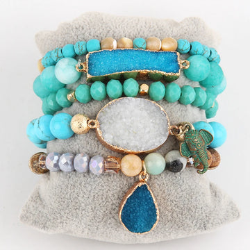 New Designer Boho Beaded Bracelet Set Natural Stone & Druzy 5pc Bracelets Bangles Set For Fashion Jewelry