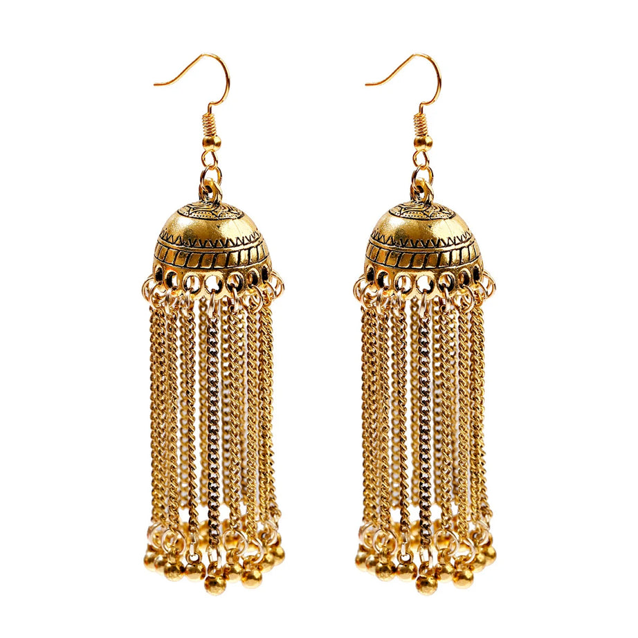 الهندي Jhumka أقراط الذهب الشظية اللون أجراس كبيرة قطرة طويلة شرابة القرط للنساء بوهو الغجر مجوهرات هدية