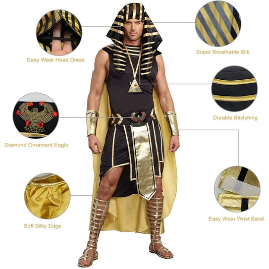 Mens Egyptian Pharaoh Costume Set 7 Pcs King of Egypt King Tut Cosplay Sets Halloween Cosplay Outfits