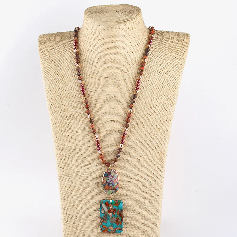 RH Fashion Bohemian Jewelry Natural Stones Crystal Stone Knotted Semi Precious Stone Boho Multi Pendant Necklace Women Gift