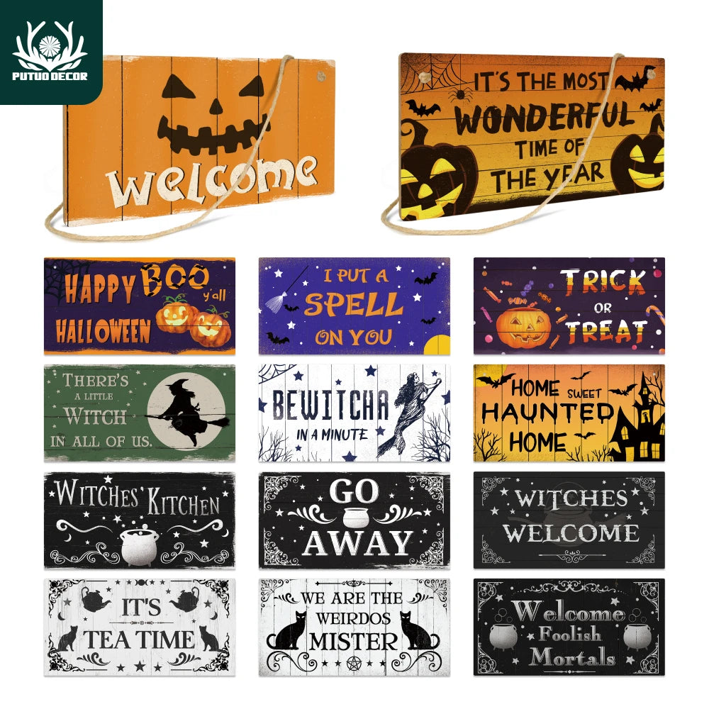 Putuo Decor Halloween Wooden Hanging Pendant Door Sign Pumpkin Ghost Bat Swith Greeting Doorplate Wood Crafts Happy Halloween Da - Charlie Dolly
