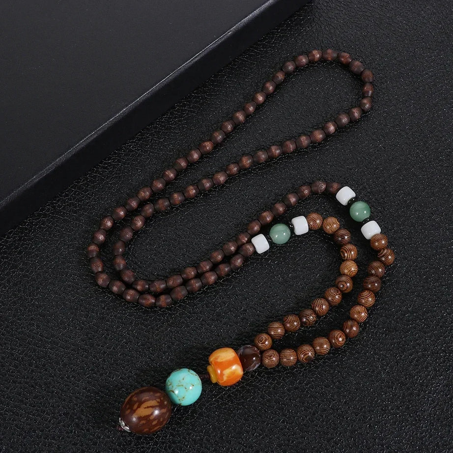 Nepal Wood Bead Mala Pendant Necklace Jewelry