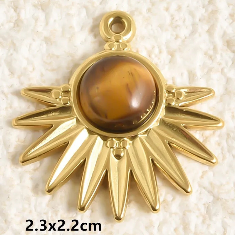 5pcs Real Natural Stone Tiger Eye Charm Sun Eye Oval Boho Pendant Gold Color Stainless Steel Pendants For Jewelry Making Finding