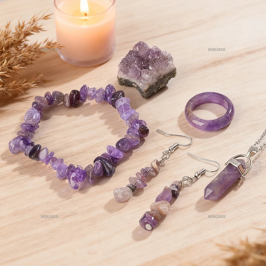 Natural Amethyst 5-Piece Crystal Set, Bracelet Necklace Ring & Earrings Healing Gift