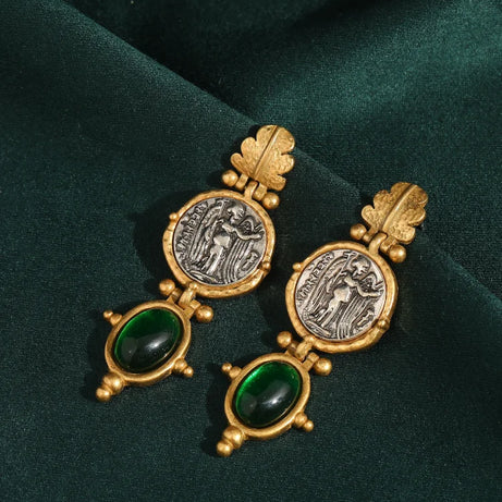 Vintage Emerald Green Stone Dangle Earrings, Antique Gold Coin Boho Jewelry
