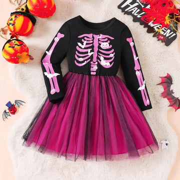 Halloween Girl Long Sleeve Skull Printed Dress Up Witch Costume Carnival Party Mesh Tulle Tutu Dress Stage Performance Clothes