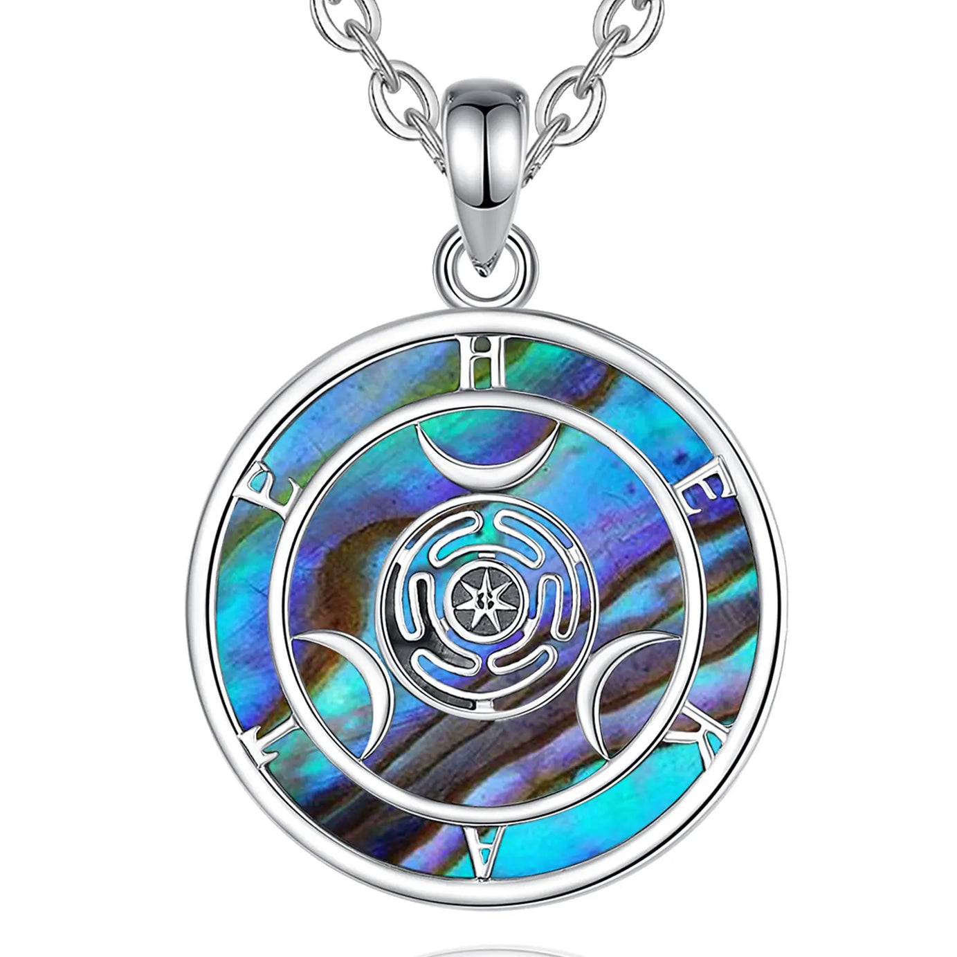 S925 Sterling Silver Hecate Wheel Pendant Necklace, Abalone Triple Moon Goddess Wiccan Amulet