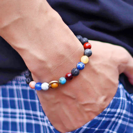 Eight Planets Solar System Beaded Bracelet, Lava & Lapis Lazuli Chakra Stones