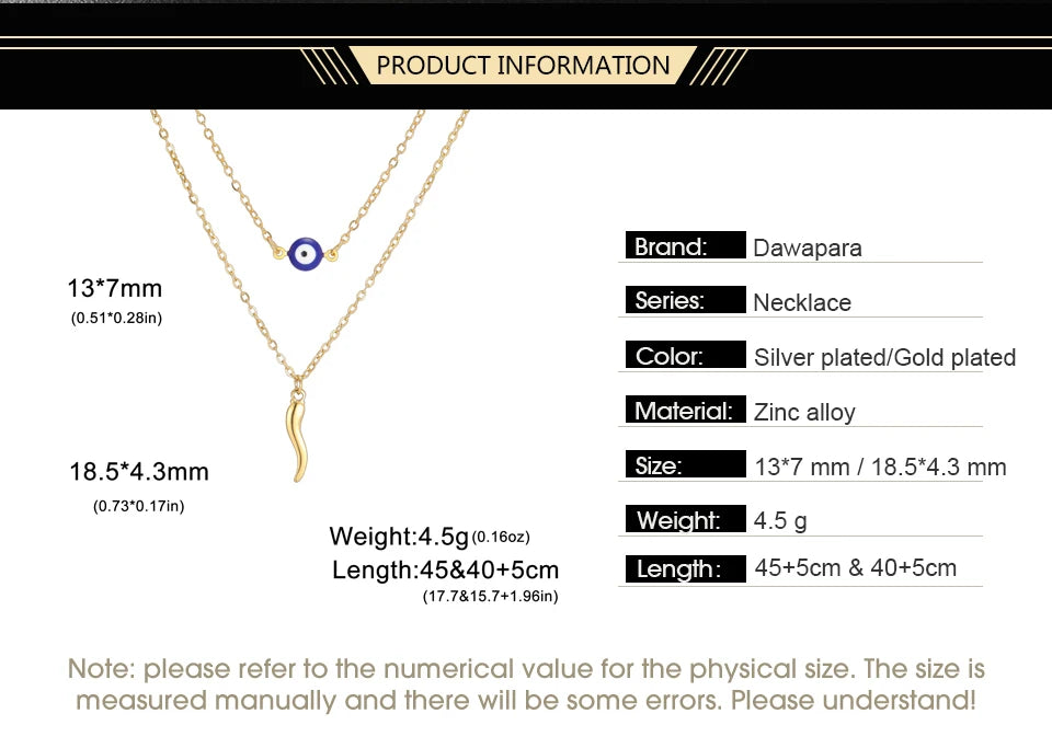 Dawapara Italian Horn and Blue Evil Eye Charm Necklace Double Layer Women Necklace Spiritual Protection Amulet Religious Jewelry