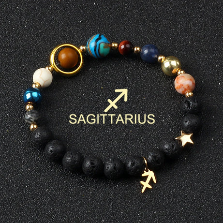 Eight Planets & Twelve Zodiac Beaded Bracelet, Natural Stone Cosmic Astrology Talisman