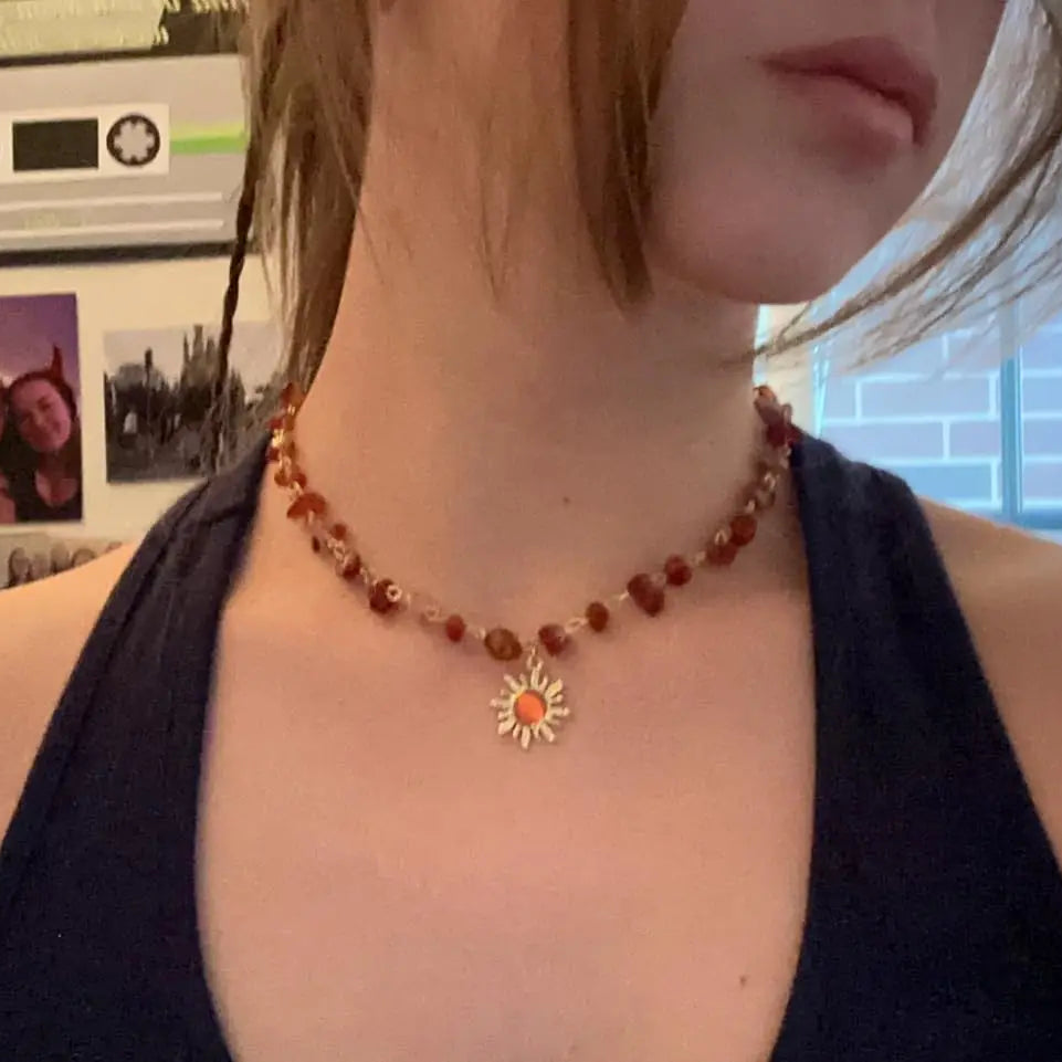 Natural Stone Boho Hippie Sun Necklace for Women Teen Girls, 18K Gold Palted Crystal Choker, Birthday Christmas Jewelry Gifts - Charlie Dolly