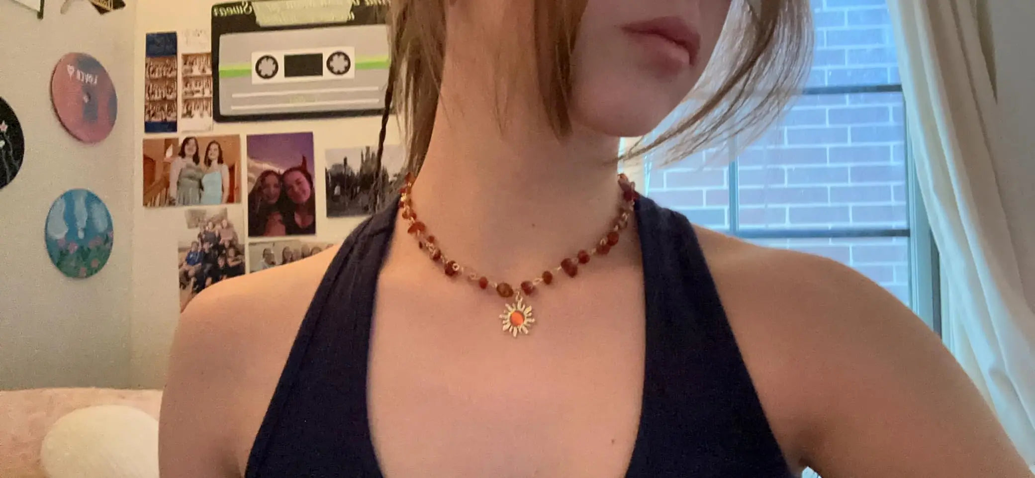 Natural Stone Boho Hippie Sun Necklace for Women Teen Girls, 18K Gold Palted Crystal Choker, Birthday Christmas Jewelry Gifts