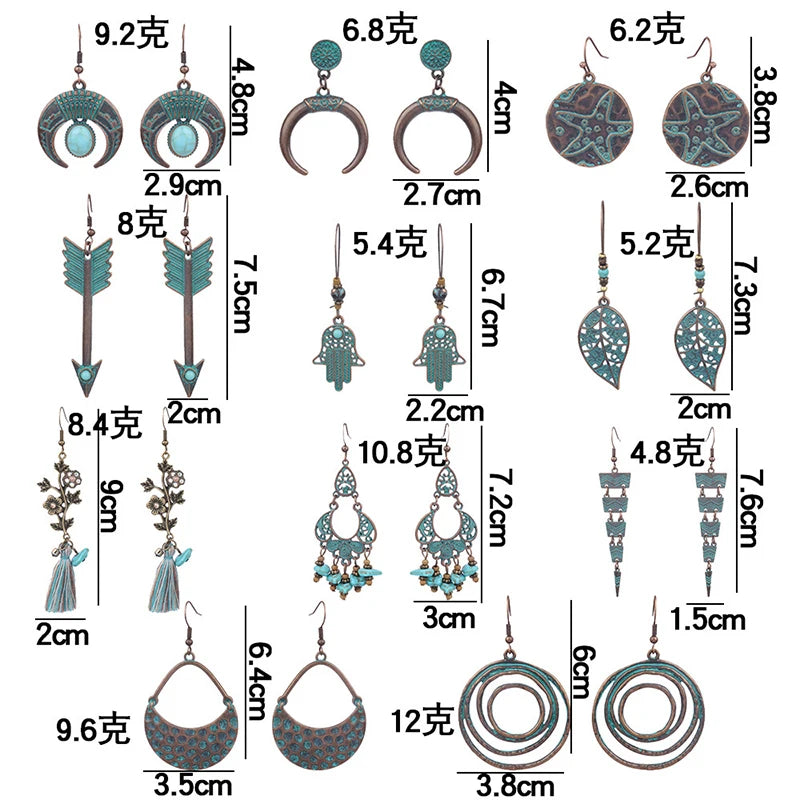 Vintage Boho Blue Stone Beaded Drop Earrings For Women Tassel Ethnic Geometric Flower Leaf Long Dangle Earrings Trendy Jewelry