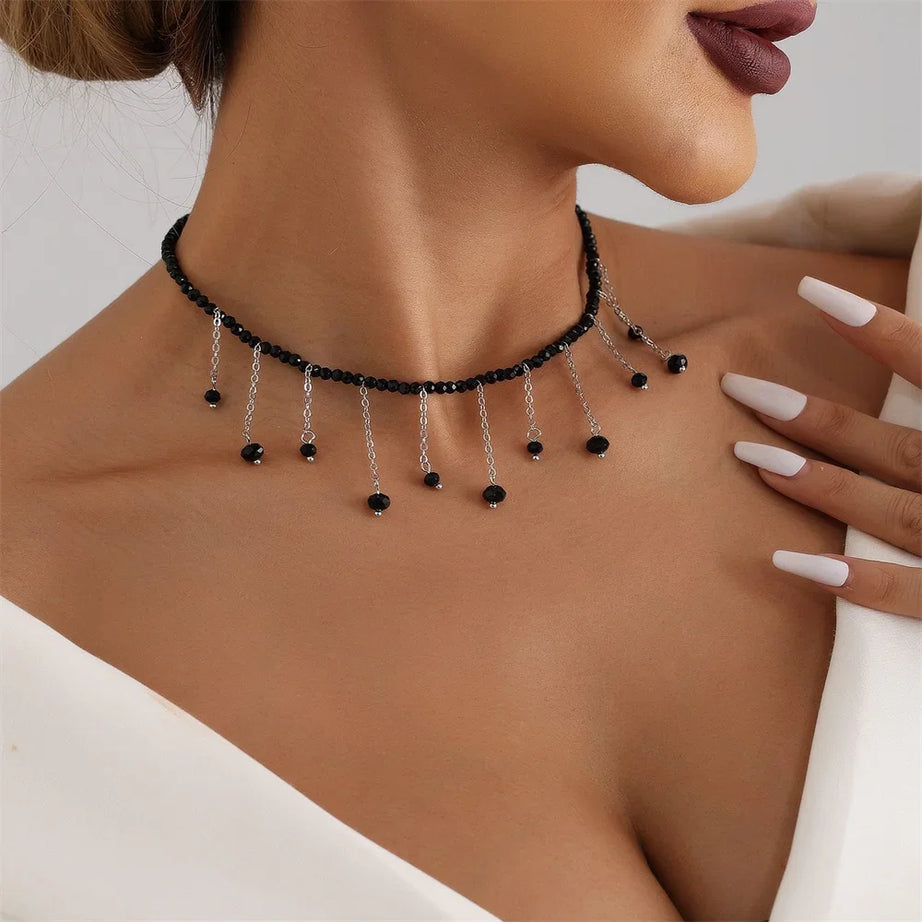 Black Bead Silver Tassel Choker Necklace Jewelry