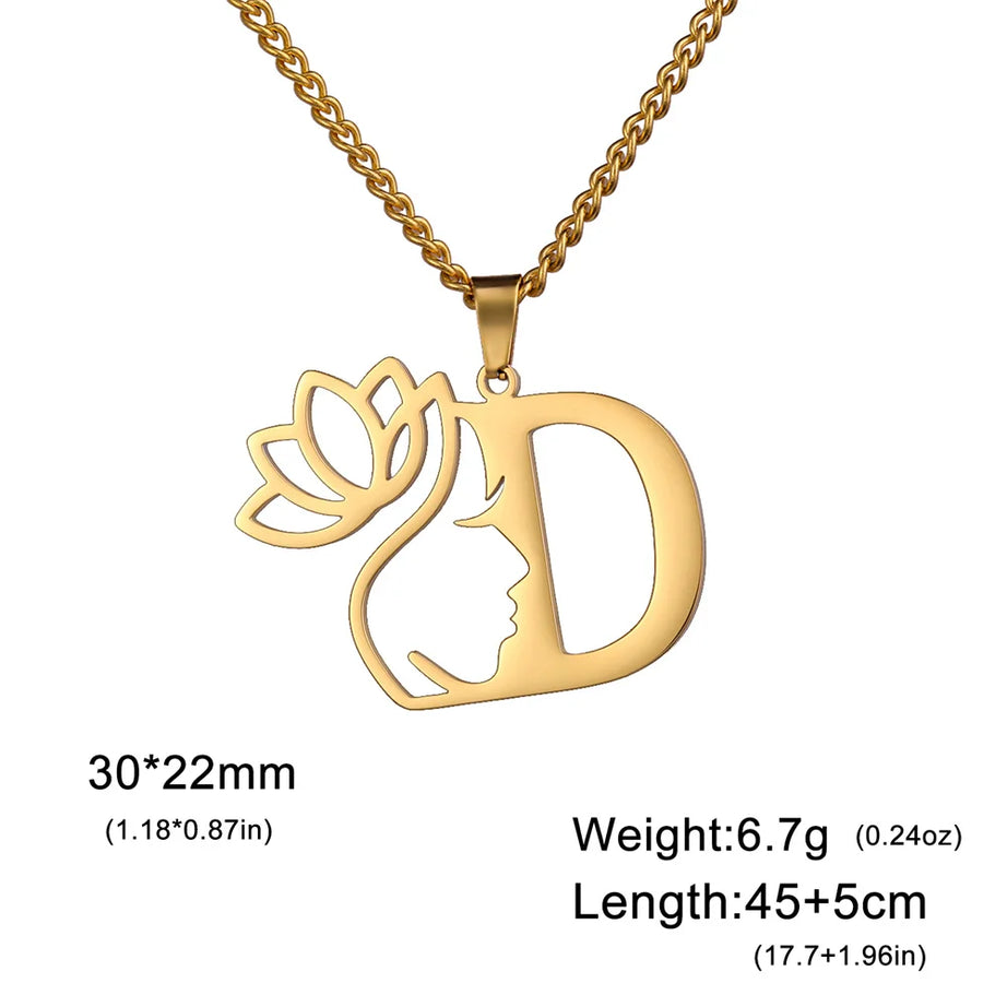 Lotus Flower Initial Letter Pendant, Personalized Stainless Steel Necklace