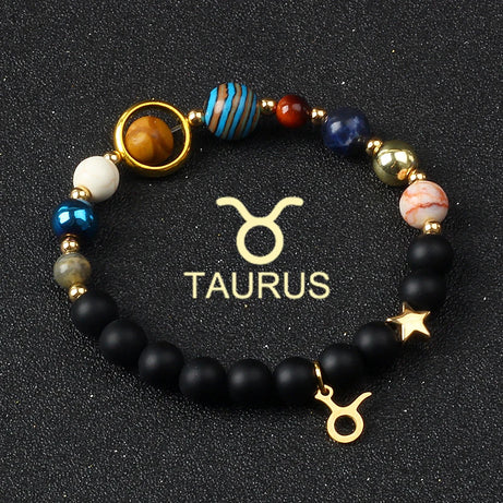 Eight Planets & Twelve Zodiac Beaded Bracelet, Natural Stone Cosmic Astrology Talisman