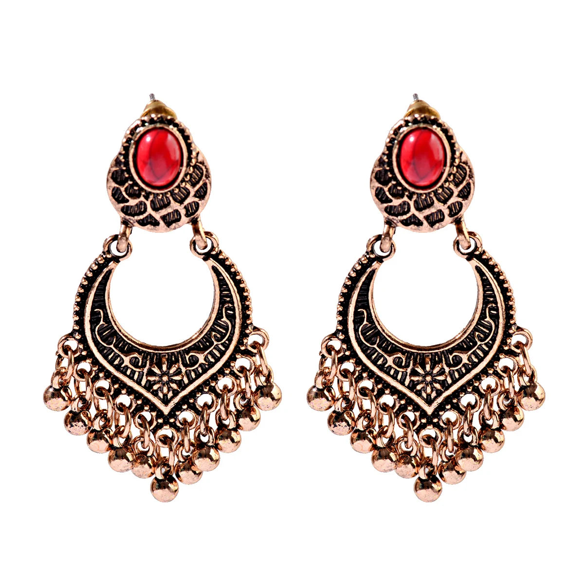 Ethnic Women's Alloy Inlaid Red Stone Earrings Tassel Wedding Danglers Boho Vintage Geometric Earrings Indian Gypsy Jewelry