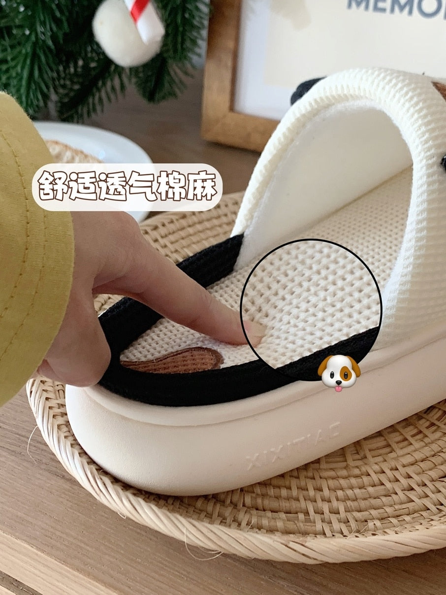 Cartoon Dog Thick Sole Linen Slippers Couples Home Four Seasons Anti Slip Cotton Linen Slippers Women Spring Summer Slipper - Charlie Dolly
