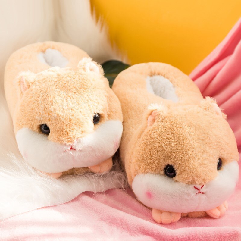 Cute Cartoon Hamster Design House Women Fur Slippers Gray Pink Brown Winter Warm Ladies Plush Shoes Onesize Fluffy Girls Slides - Charlie Dolly