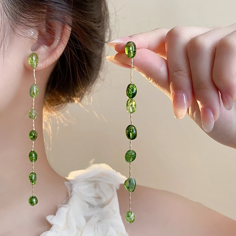 Design Inspired Green Imitation Natural Stone Beads Gold Color Chain Long Tassel Earrings For Womens Fashion Jewelry Accessories