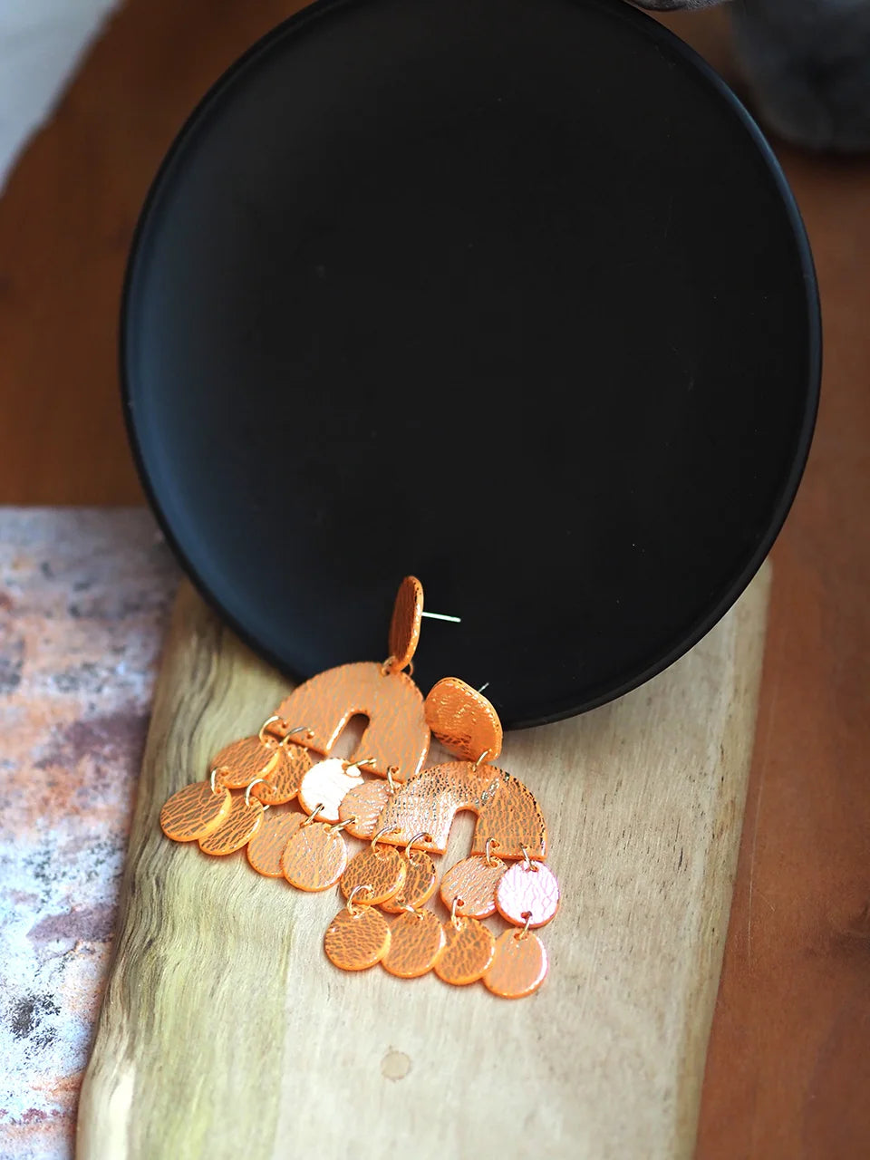 Boho Chic Metalic Textured Polymer Clay Statement Earrings Large Geometric Arch Drop with Round Fringe Aesthetic Jewelry Summer