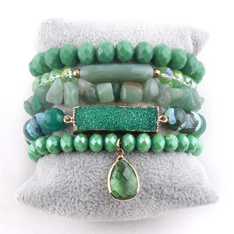 Fashion Beaded Boho Bracelet 5pc Green Natural Stone /Glass Stack Bracelet Sets For Women Boho Jewelry Gift - Charlie Dolly