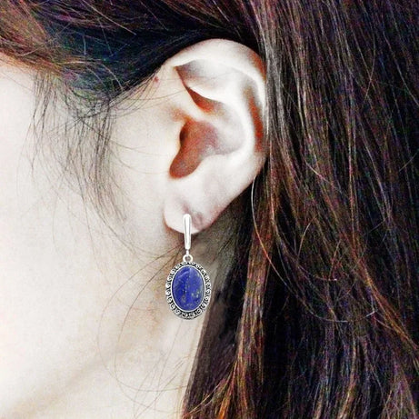 Natural Lapis Lazuli Earrings Snail Flower Pendant For Women Vintage Antique Silver Plated Fashion Jewelry Anniversary Gift - Charlie Dolly