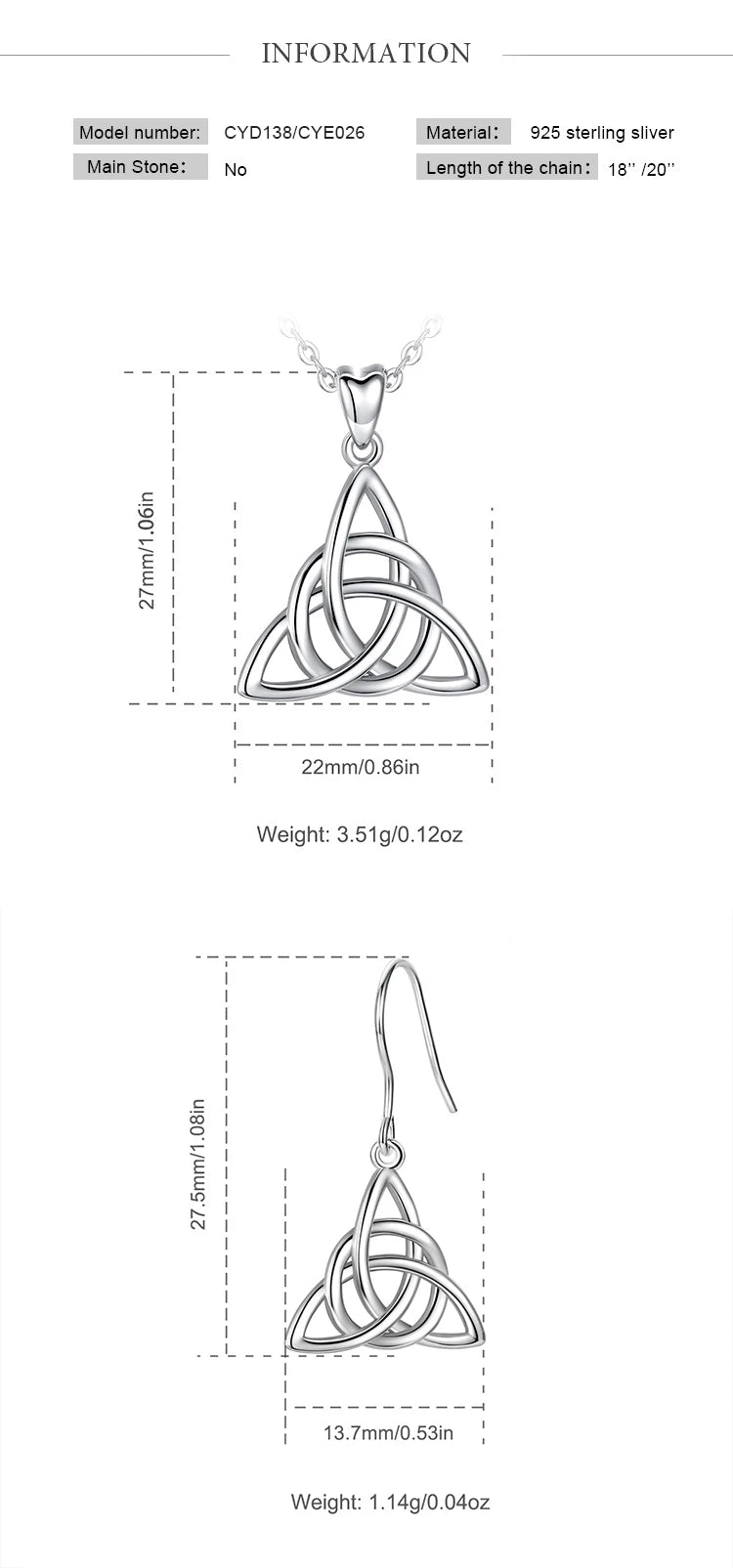Eudora Real 925 Sterling Silver Triangle Celtics Knot Pendant Neckalce Women Fashion Sliver Jewelry for Birthday Gift Box CYD138