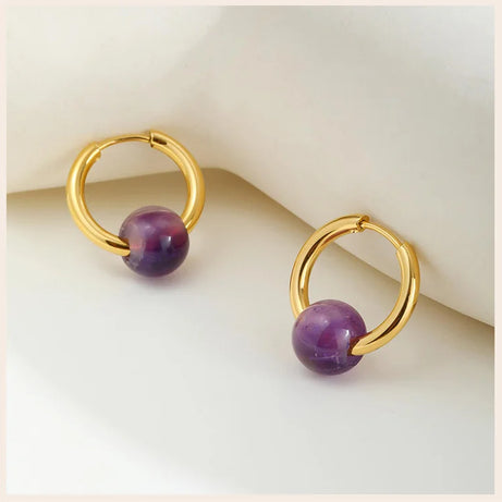 Natural Amethyst Beaded Hoop Earrings, Gold-Plated Stainless Steel Waterproof Jewelry