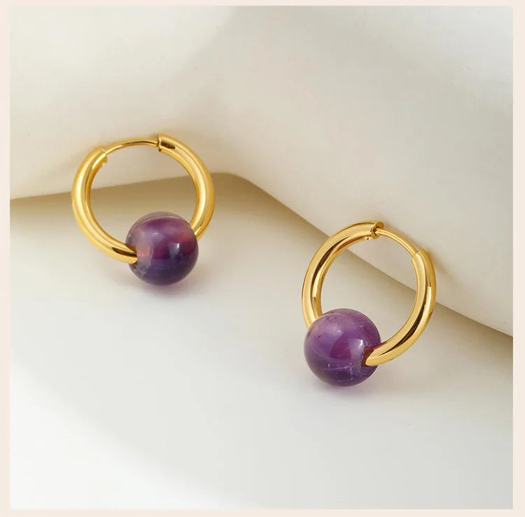 Natural Stone Amethyst Round Beaded Hoop Earrings for Women, Stainless Steel Gold Plated Waterproof Jewelry
